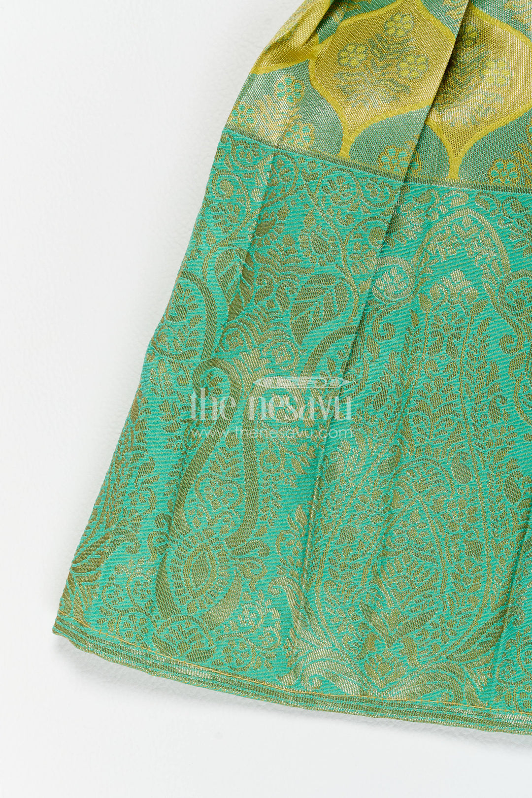 The Nesavu Girls Kanchi Silk Frock Traditional Silk Frock in Green for Celebrations and Photos Nesavu Nesavu Traditional Silk Frock With Woven Texture For Weddings