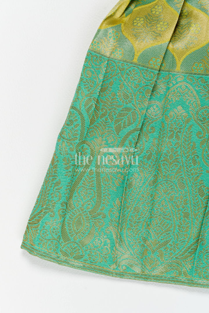 The Nesavu Girls Kanchi Silk Frock Traditional Silk Frock in Green for Celebrations and Photos Nesavu Nesavu Traditional Silk Frock With Woven Texture For Weddings