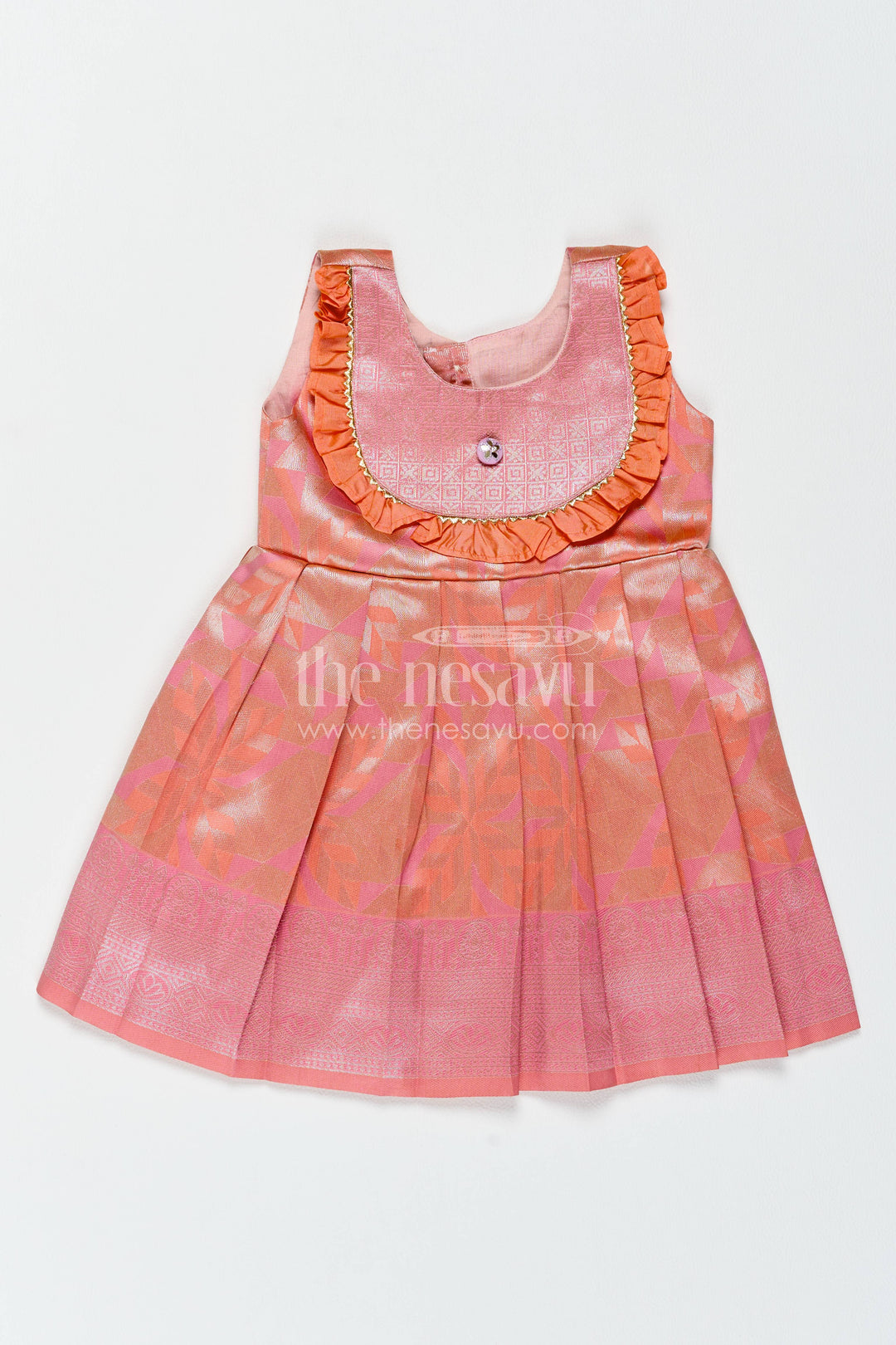 The Nesavu Girls Kanchi Silk Frock Traditional Silk Frock in Peach for Festive Gatherings Nesavu 14 (6M) / Peach / Style 2 KSF081BB-14 Nesavu Traditional Silk Frock In Peach For Festive Gatherings KSF081BB-14
