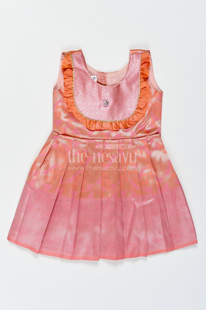 The Nesavu Girls Kanchi Silk Frock Traditional Silk Frock in Peach for Festive Gatherings Nesavu 16 (1Y) / Peach / Style 1 KSF081BA-16 Nesavu Traditional Silk Frock In Peach For Festive Gatherings KSF081BA-16