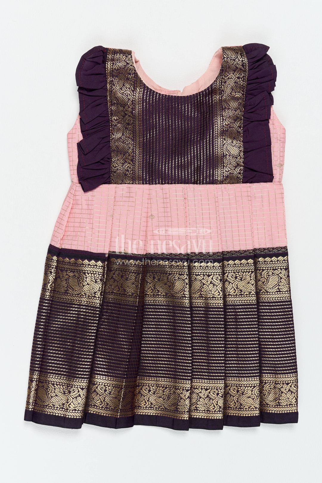 The Nesavu Girls Kanchi Silk Frock Traditional Silk Frock in Pink for Celebrations and Photos Nesavu 10 (NB) / Pink / Style 2 KSF100AB-10 Nesavu Traditional Silk Frock In Pink For Celebration Styling KSF100AB-10