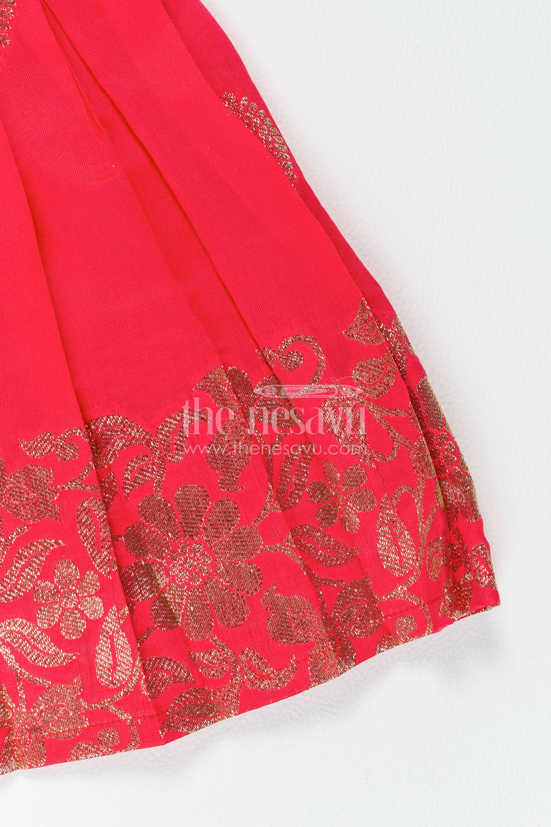The Nesavu Girls Kanchi Silk Frock Traditional Silk Frock in Red for Celebrations and Photos Nesavu Nesavu Traditional Silk Frock With Woven Texture For Festive Occasion