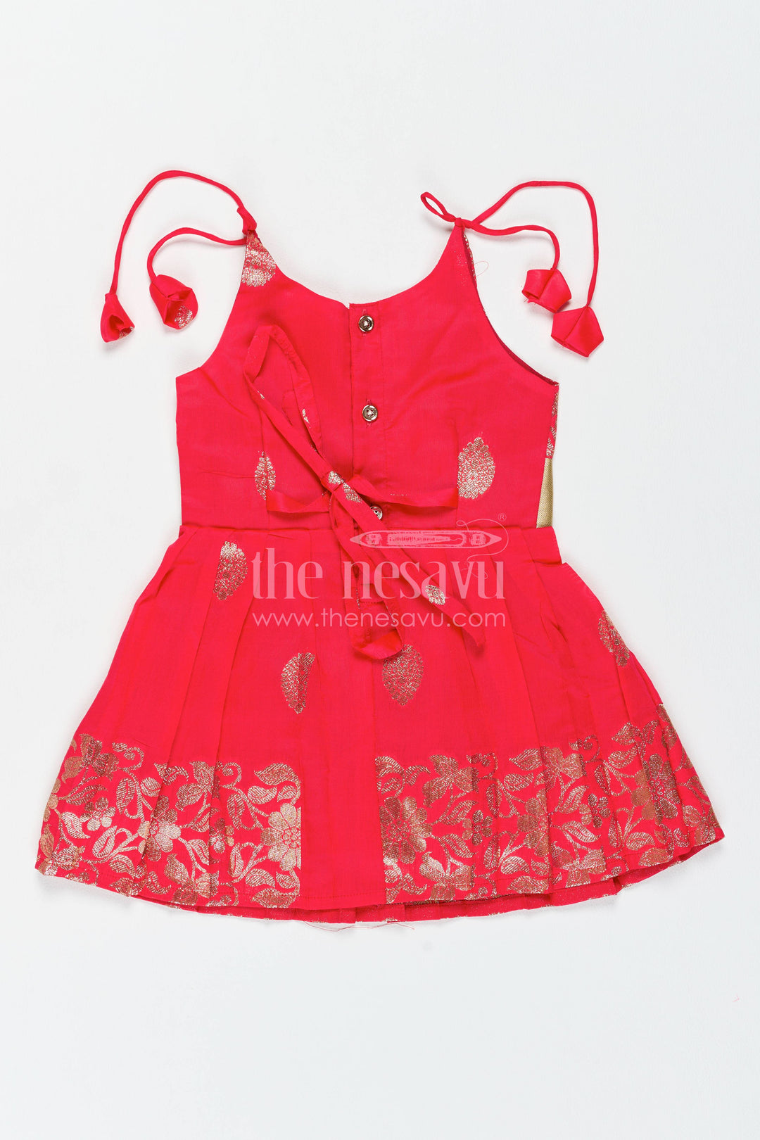 The Nesavu Girls Kanchi Silk Frock Traditional Silk Frock in Red for Celebrations and Photos Nesavu Nesavu Traditional Silk Frock With Woven Texture For Festive Occasion