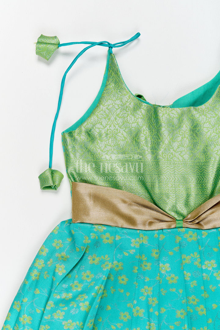 The Nesavu Girls Kanchi Silk Frock Traditional Silk Frock in Turquoise for Celebrations and Photos Nesavu Nesavu Traditional Silk Frock In Turquoise For Parties And Memorable