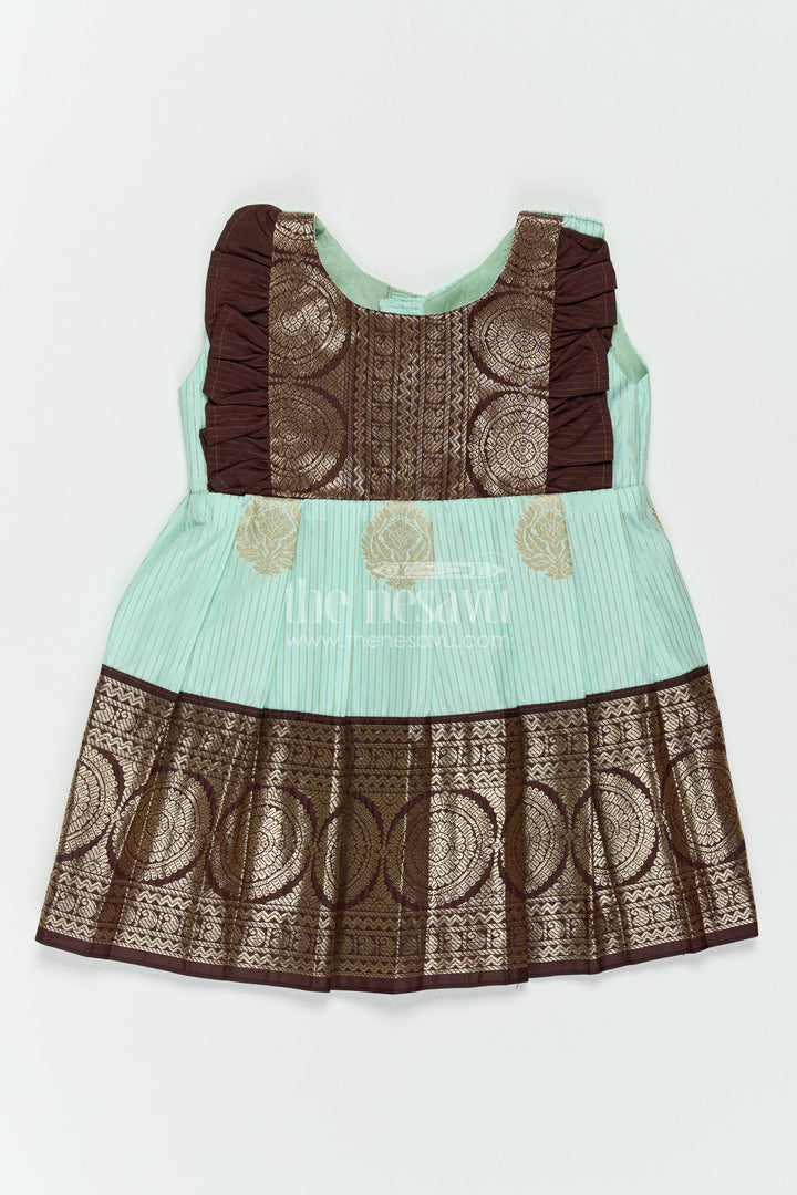 The Nesavu Girls Kanchi Silk Frock Traditional Silk Frock with Jacquard Weave for Weddings and Parties Nesavu 10 (NB) / Turquoise / Style 2 KSF091GB-10 Nesavu Traditional Silk Frock In Turquoise For Milestone Days KSF091GB-10