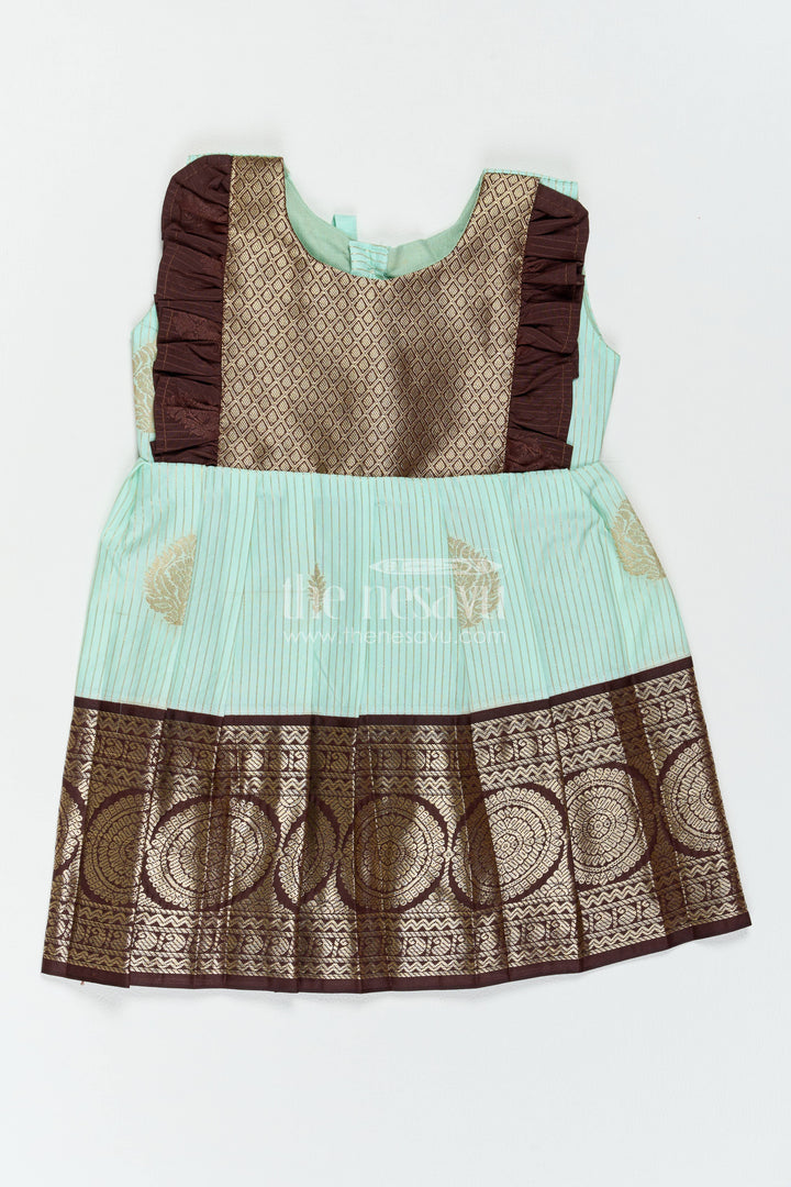 The Nesavu Girls Kanchi Silk Frock Traditional Silk Frock with Jacquard Weave for Weddings and Parties Nesavu 12 (3M) / Turquoise / Style 1 KSF091GA-12 Nesavu Traditional Silk Frock In Turquoise For Milestone Days KSF091GA-12