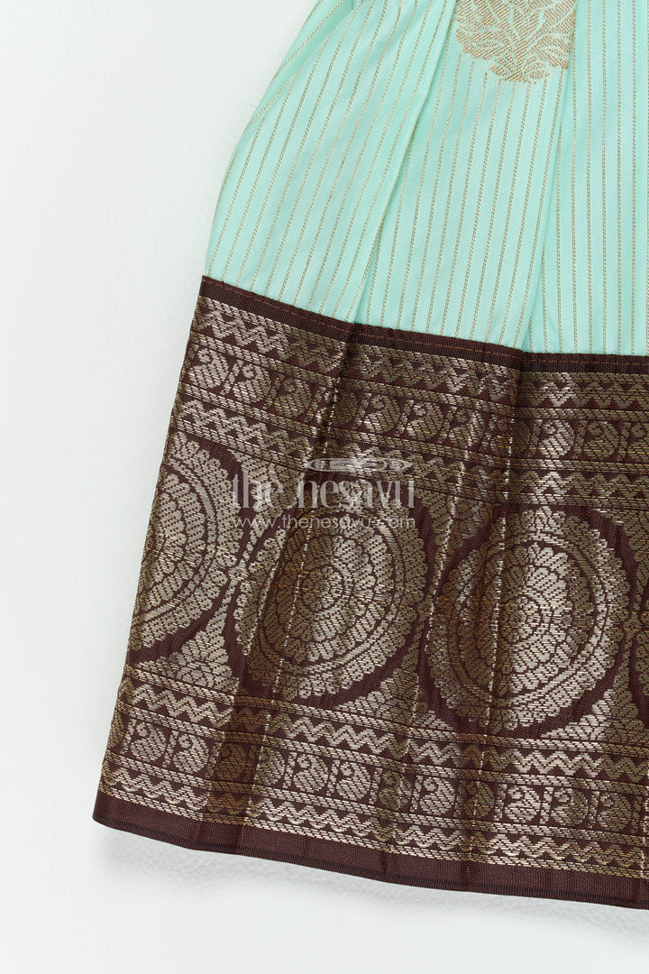 The Nesavu Girls Kanchi Silk Frock Traditional Silk Frock with Jacquard Weave for Weddings and Parties Nesavu Nesavu Traditional Silk Frock In Turquoise For Milestone Days