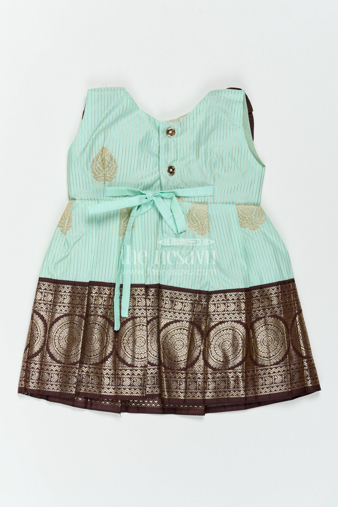 The Nesavu Girls Kanchi Silk Frock Traditional Silk Frock with Jacquard Weave for Weddings and Parties Nesavu Nesavu Traditional Silk Frock In Turquoise For Milestone Days