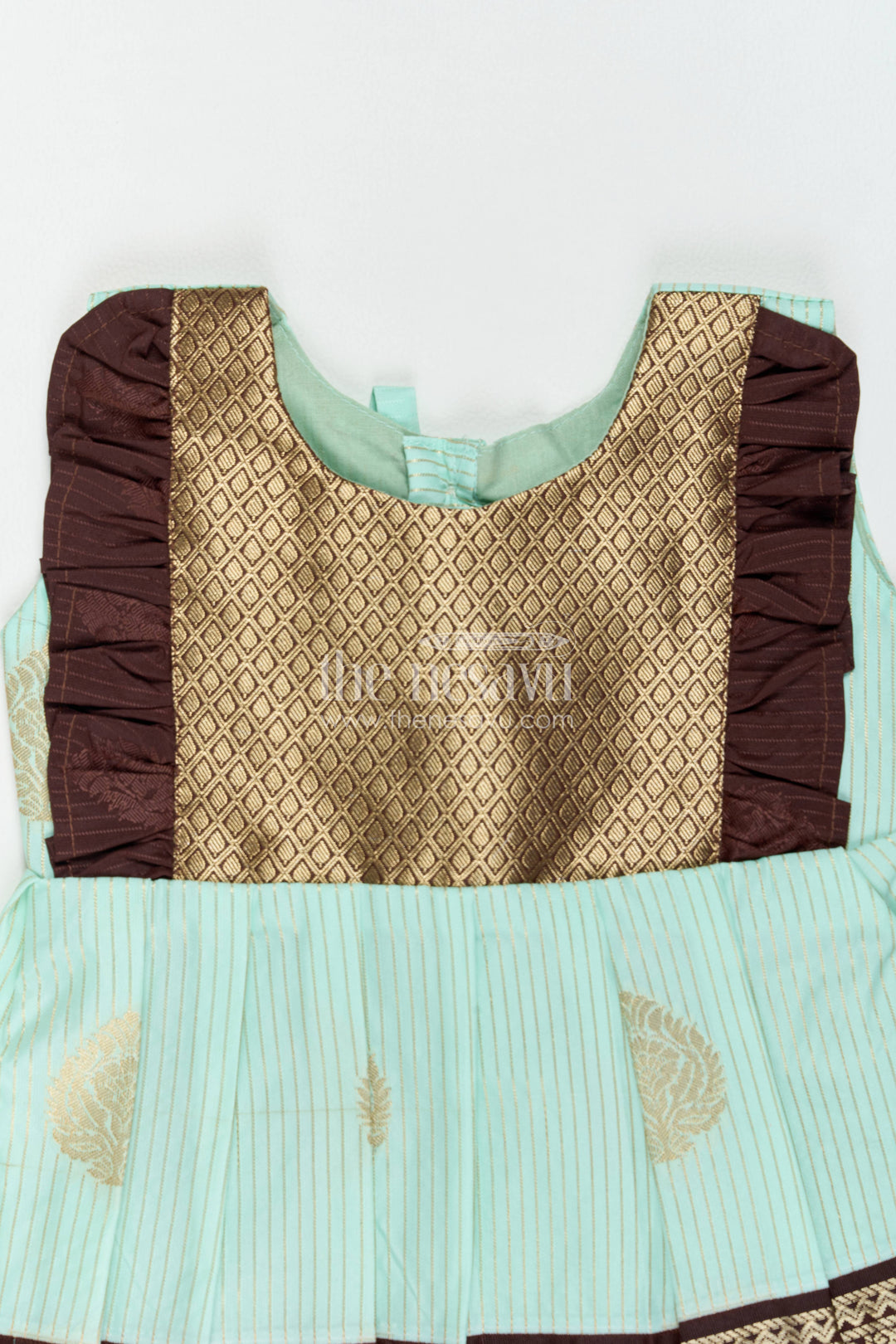 The Nesavu Girls Kanchi Silk Frock Traditional Silk Frock with Jacquard Weave for Weddings and Parties Nesavu Nesavu Traditional Silk Frock In Turquoise For Milestone Days