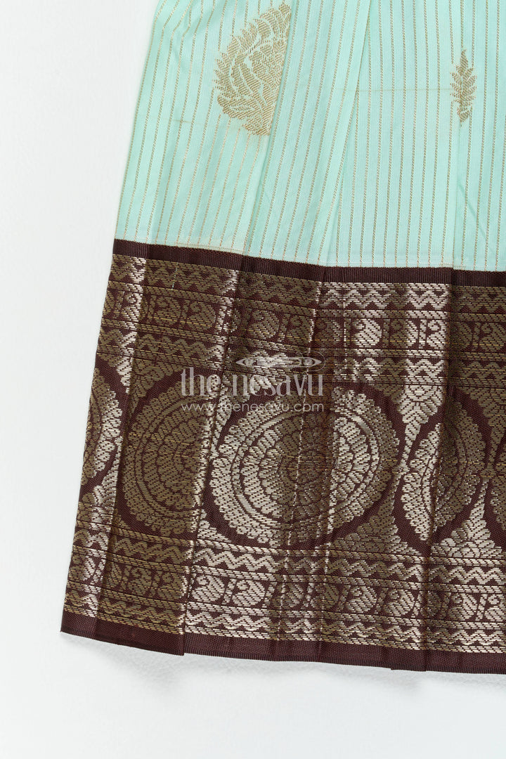 The Nesavu Girls Kanchi Silk Frock Traditional Silk Frock with Jacquard Weave for Weddings and Parties Nesavu Nesavu Traditional Silk Frock In Turquoise For Milestone Days
