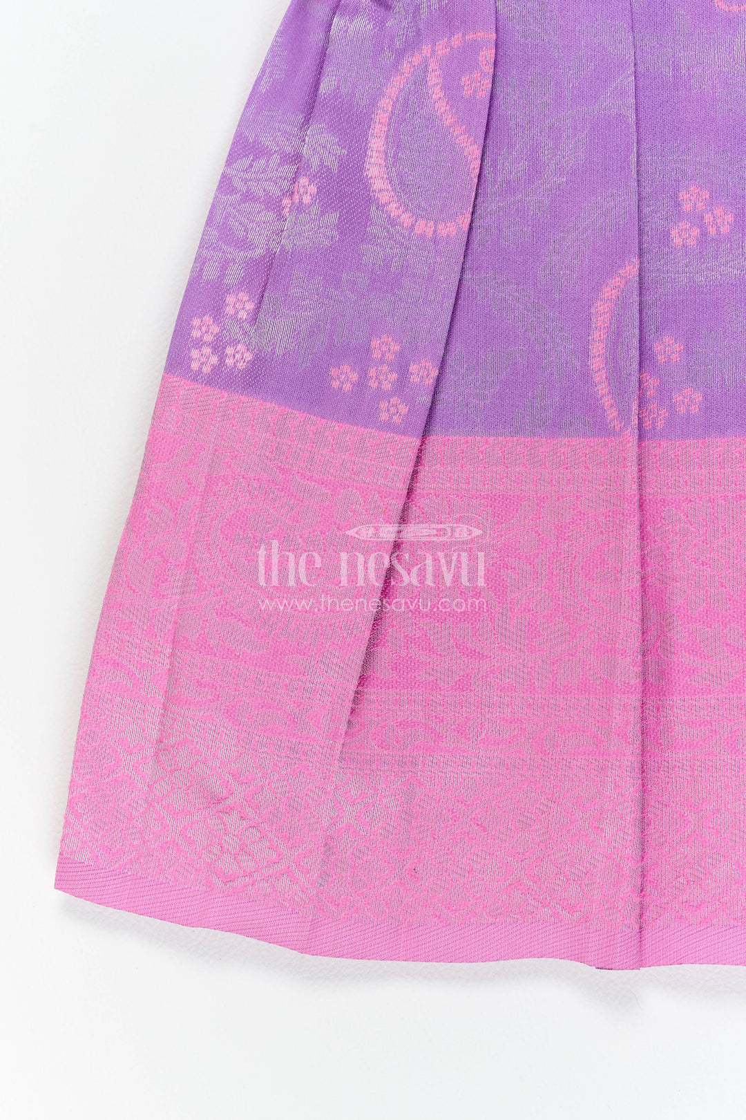 The Nesavu Girls Kanchi Silk Frock Traditional Silk Frock with Woven Texture for Weddings and Parties Nesavu Nesavu Traditional Silk Frock In Purple With Woven For Milestone Days