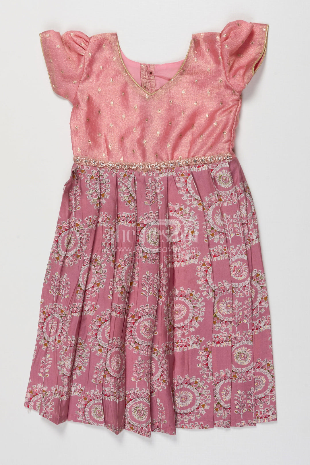 The Nesavu Girls Silk Gown Traditional Silk Gown for Girls for Weddings and Festive Events Nesavu 16 (1Y) / Pink GA387B-16 Nesavu girls traditional silk gown with mandala print and sequin belt for weddings and poojas