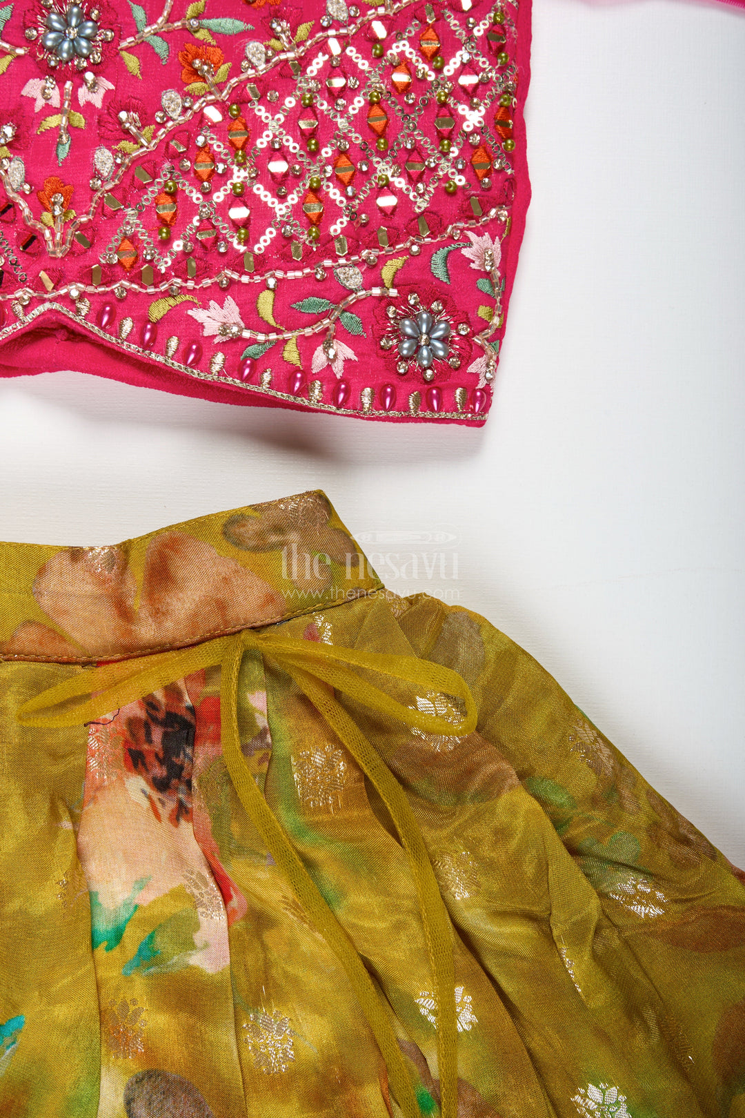 The Nesavu Girls Lehenga Choli Traditional Silk Lehenga for Girls Festive Dupatta Set Nesavu Nesavu Traditional Girls Silk Lehenga Set Pink Embellished Choli Yellow Printed Skirt