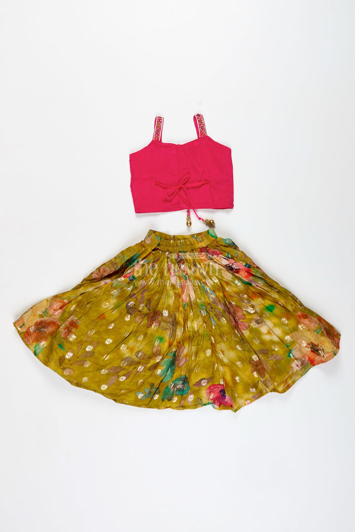 The Nesavu Girls Lehenga Choli Traditional Silk Lehenga for Girls Festive Dupatta Set Nesavu Nesavu Traditional Girls Silk Lehenga Set Pink Embellished Choli Yellow Printed Skirt