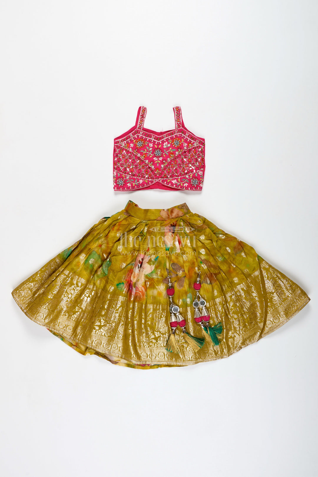 The Nesavu Girls Lehenga Choli Traditional Silk Lehenga for Girls Festive Dupatta Set Nesavu Nesavu Traditional Girls Silk Lehenga Set Pink Embellished Choli Yellow Printed Skirt