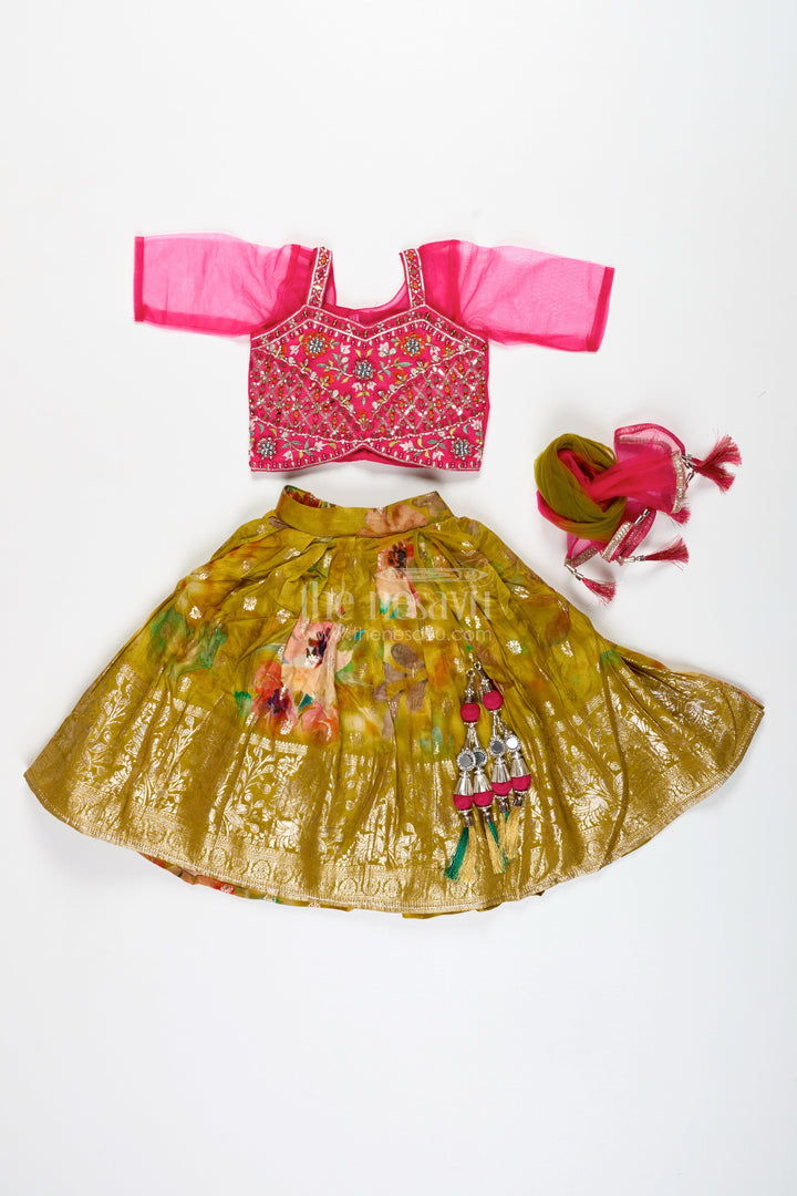 The Nesavu Girls Lehenga Choli Traditional Silk Lehenga for Girls Festive Dupatta Set Nesavu Nesavu Traditional Girls Silk Lehenga Set Pink Embellished Choli Yellow Printed Skirt