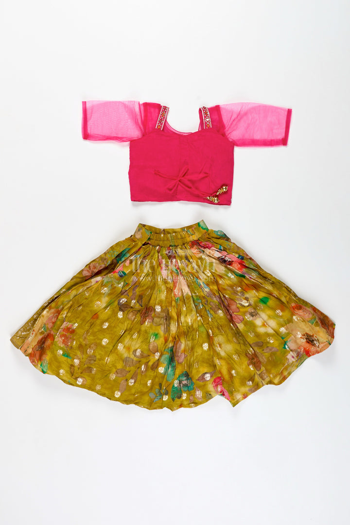 The Nesavu Girls Lehenga Choli Traditional Silk Lehenga for Girls Festive Dupatta Set Nesavu Nesavu Traditional Girls Silk Lehenga Set Pink Embellished Choli Yellow Printed Skirt