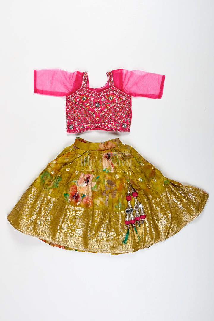 The Nesavu Girls Lehenga Choli Traditional Silk Lehenga for Girls Festive Dupatta Set Nesavu Nesavu Traditional Girls Silk Lehenga Set Pink Embellished Choli Yellow Printed Skirt