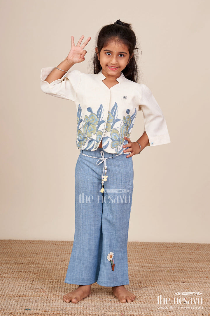 The Nesavu Girls Casual Set Traditional-Style Cotton Co-Ord Set for Girls with Embroidery Detailing Everyday Festive Look Nesavu 18 (2Y) / Blue GPS859B-18 Girls embroidered cotton shirt pant set  Nesavu stylish casual ethnic set