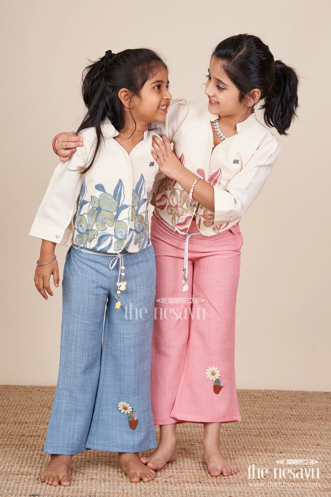 The Nesavu Girls Casual Set Traditional-Style Cotton Co-Ord Set for Girls with Embroidery Detailing Everyday Festive Look Nesavu Girls embroidered cotton shirt pant set  Nesavu stylish casual ethnic set