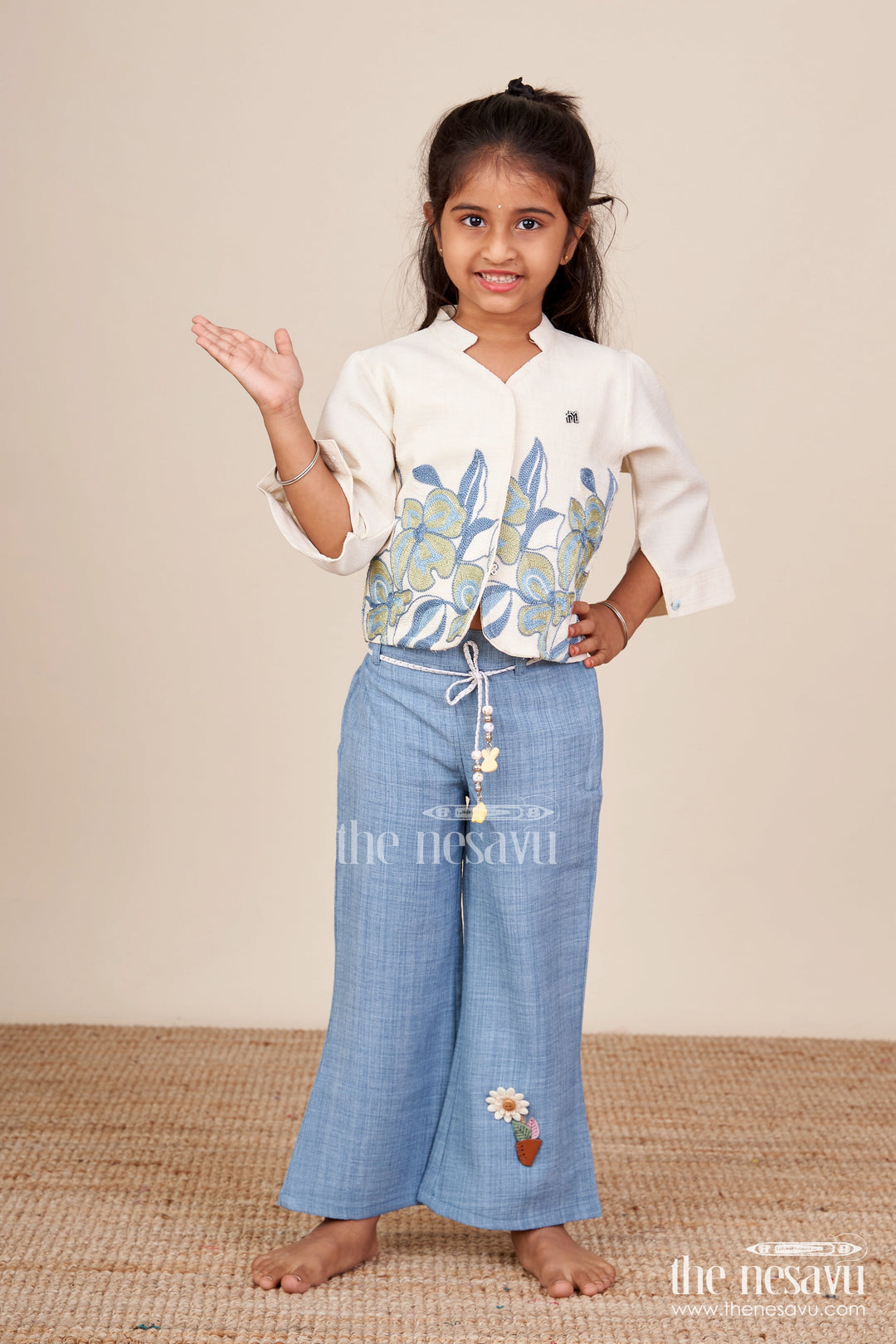 The Nesavu Girls Casual Set Traditional-Style Cotton Co-Ord Set for Girls with Embroidery Detailing Everyday Festive Look Nesavu Girls embroidered cotton shirt pant set  Nesavu stylish casual ethnic set
