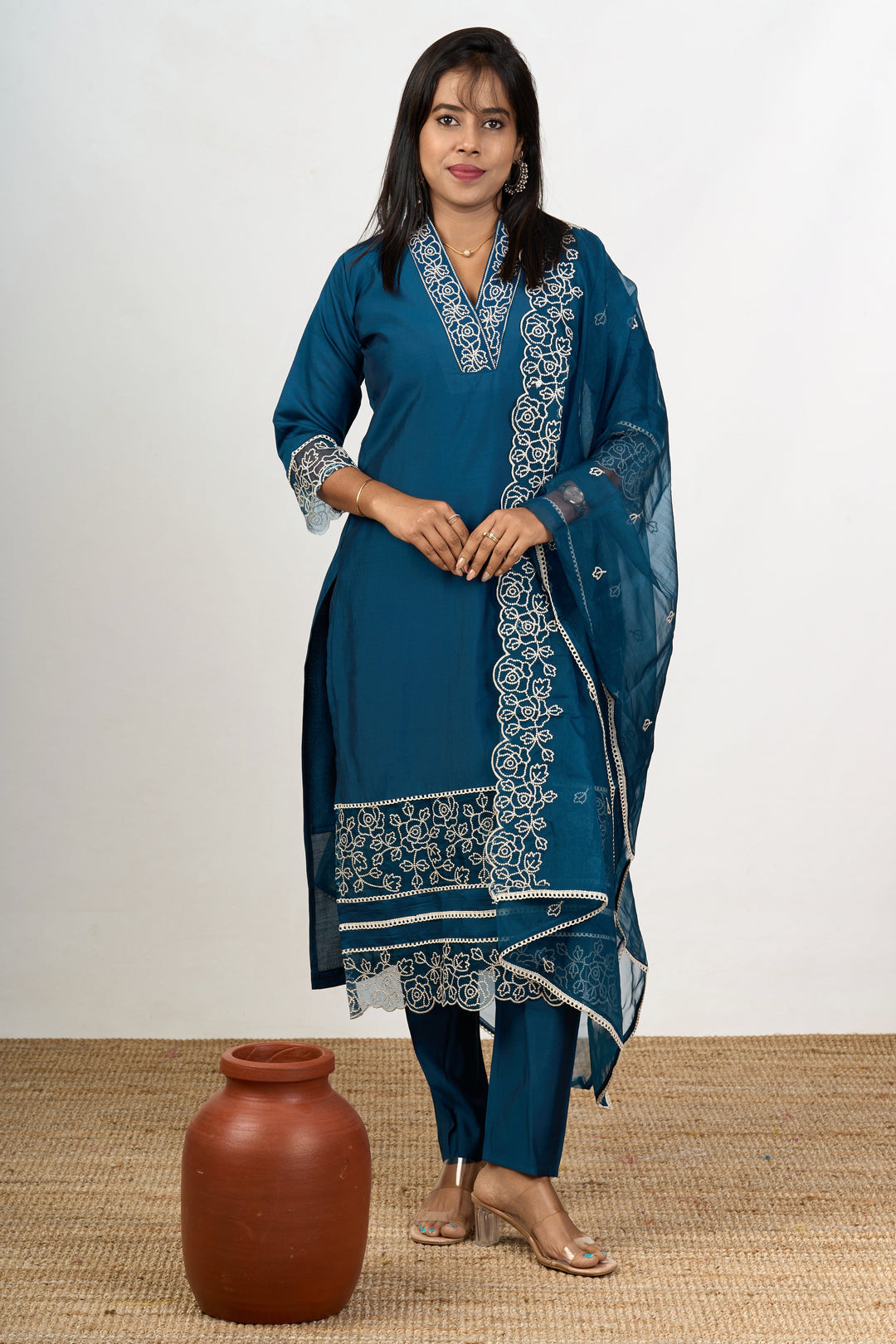 The Nesavu Womens Straight Suit Sets Traditional Teal Georgette Suit Set for Lohri with Fine Thread Embroidery Nesavu 38 (M) / Blue WTH069A-38 Traditional Teal Georgette Suit Set Thread Embroidery Lohri | The Nesavu