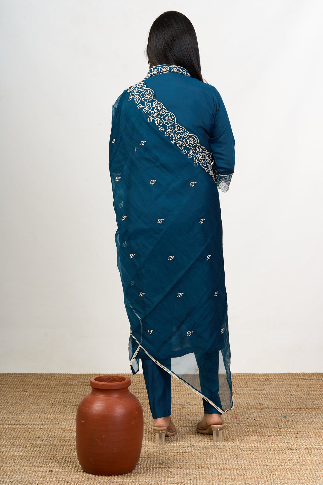 The Nesavu Womens Straight Suit Sets Traditional Teal Georgette Suit Set for Lohri with Fine Thread Embroidery Nesavu Traditional Teal Georgette Suit Set Thread Embroidery Lohri | The Nesavu