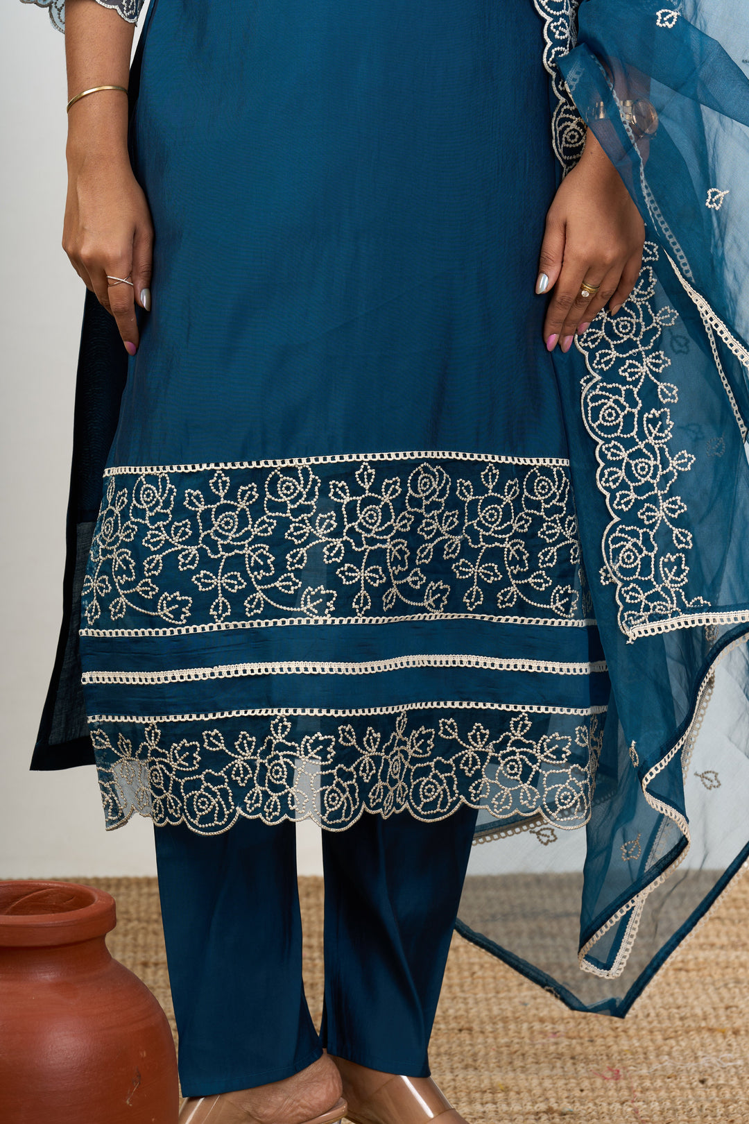 The Nesavu Womens Straight Suit Sets Traditional Teal Georgette Suit Set for Lohri with Fine Thread Embroidery Nesavu Traditional Teal Georgette Suit Set Thread Embroidery Lohri | The Nesavu