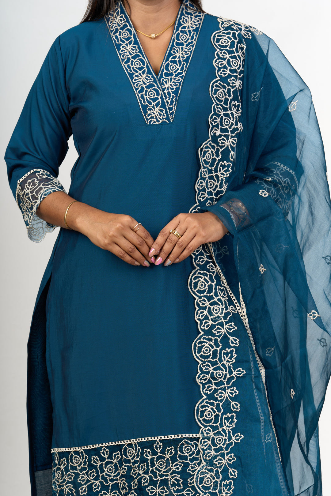 The Nesavu Womens Straight Suit Sets Traditional Teal Georgette Suit Set for Lohri with Fine Thread Embroidery Nesavu Traditional Teal Georgette Suit Set Thread Embroidery Lohri | The Nesavu