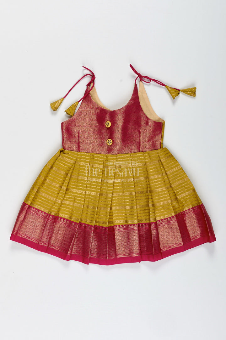 The Nesavu Tie-up Frock Traditional Tie-Up Frock for Baby Girls in Mustard and Pink Perfect for Weddings Nesavu 14 (6M) / Red / Style 3 SF994CC-14 Nesavu Mustard And Pink Baby Girl Silk Frock Ethnic Tie-Up Dress For Weddings