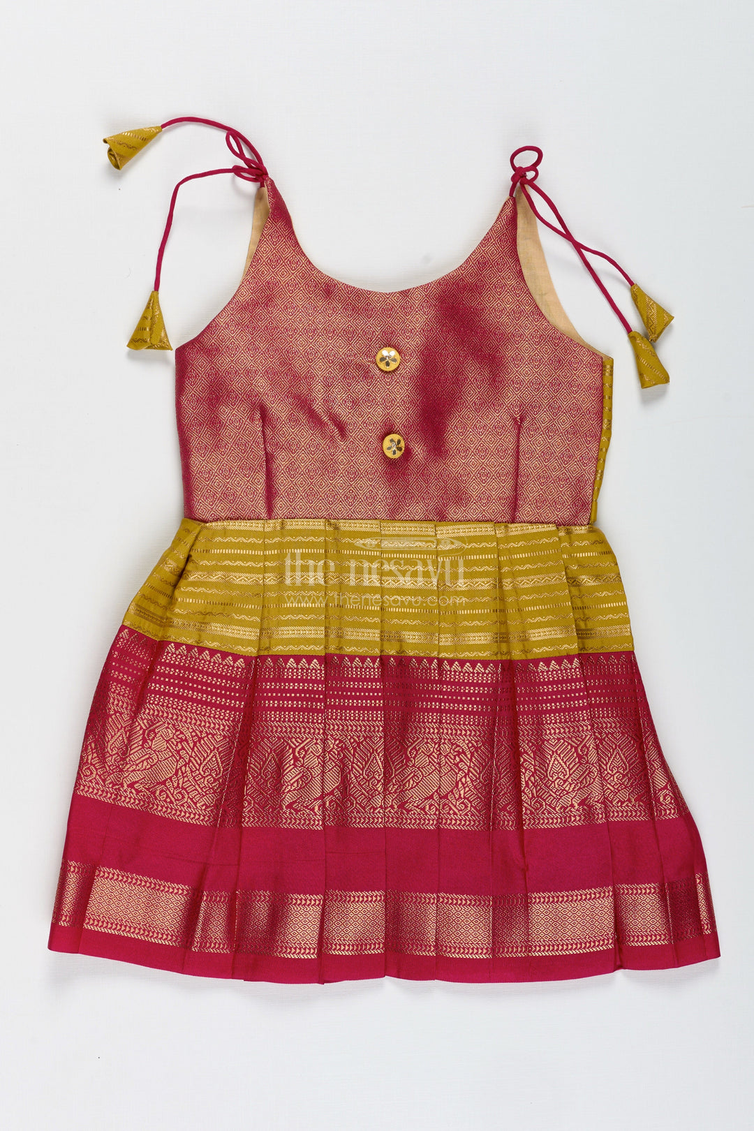The Nesavu Tie-up Frock Traditional Tie-Up Frock for Baby Girls in Mustard and Pink Perfect for Weddings Nesavu 16 (1Y) / Red / Style 1 SF994CA-16 Nesavu Mustard And Pink Baby Girl Silk Frock Ethnic Tie-Up Dress For Weddings