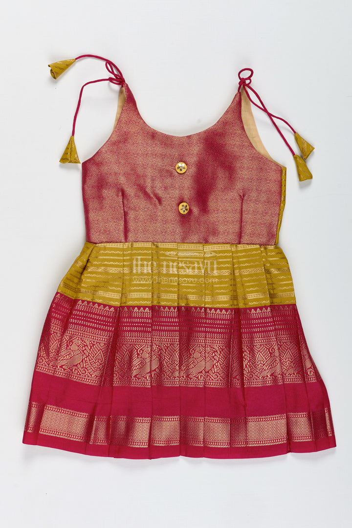 The Nesavu Tie-up Frock Traditional Tie-Up Frock for Baby Girls in Mustard and Pink Perfect for Weddings Nesavu 16 (1Y) / Red / Style 1 SF994CA-16 Nesavu Mustard And Pink Baby Girl Silk Frock Ethnic Tie-Up Dress For Weddings
