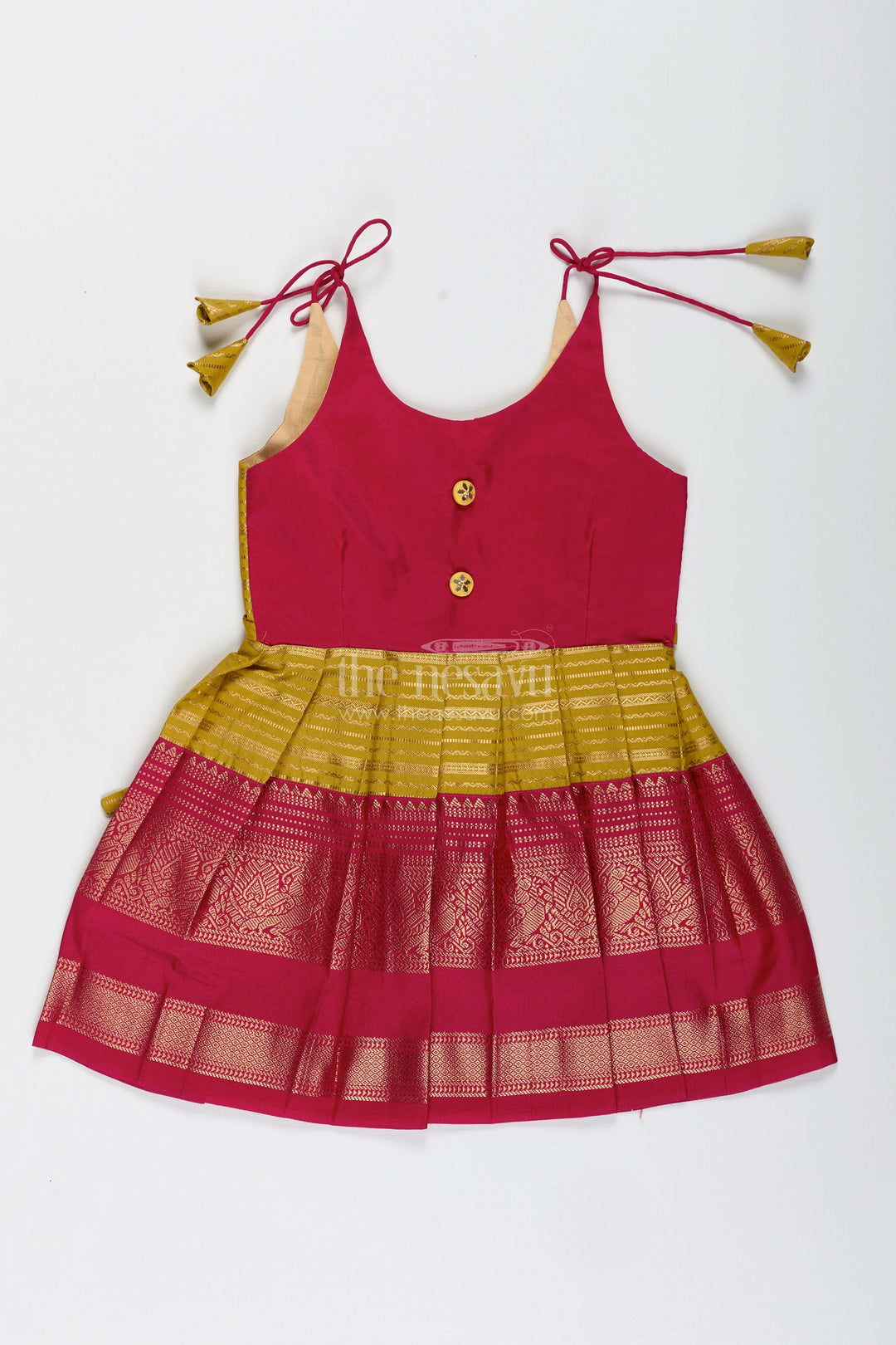 The Nesavu Tie-up Frock Traditional Tie-Up Frock for Baby Girls in Mustard and Pink Perfect for Weddings Nesavu 16 (1Y) / Red / Style 2 SF994CB-16 Nesavu Mustard And Pink Baby Girl Silk Frock Ethnic Tie-Up Dress For Weddings