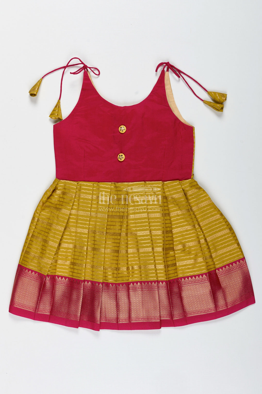 The Nesavu Tie-up Frock Traditional Tie-Up Frock for Baby Girls in Mustard and Pink Perfect for Weddings Nesavu 16 (1Y) / Red / Style 4 SF994CD-16 Nesavu Mustard And Pink Baby Girl Silk Frock Ethnic Tie-Up Dress For Weddings