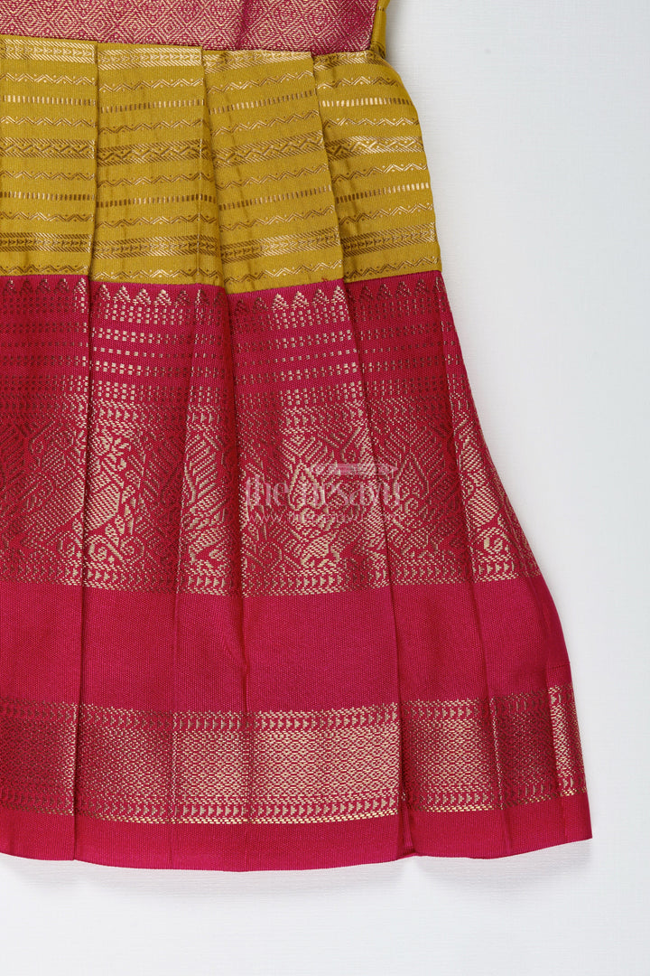 The Nesavu Tie-up Frock Traditional Tie-Up Frock for Baby Girls in Mustard and Pink Perfect for Weddings Nesavu Nesavu Mustard And Pink Baby Girl Silk Frock Ethnic Tie-Up Dress For Weddings