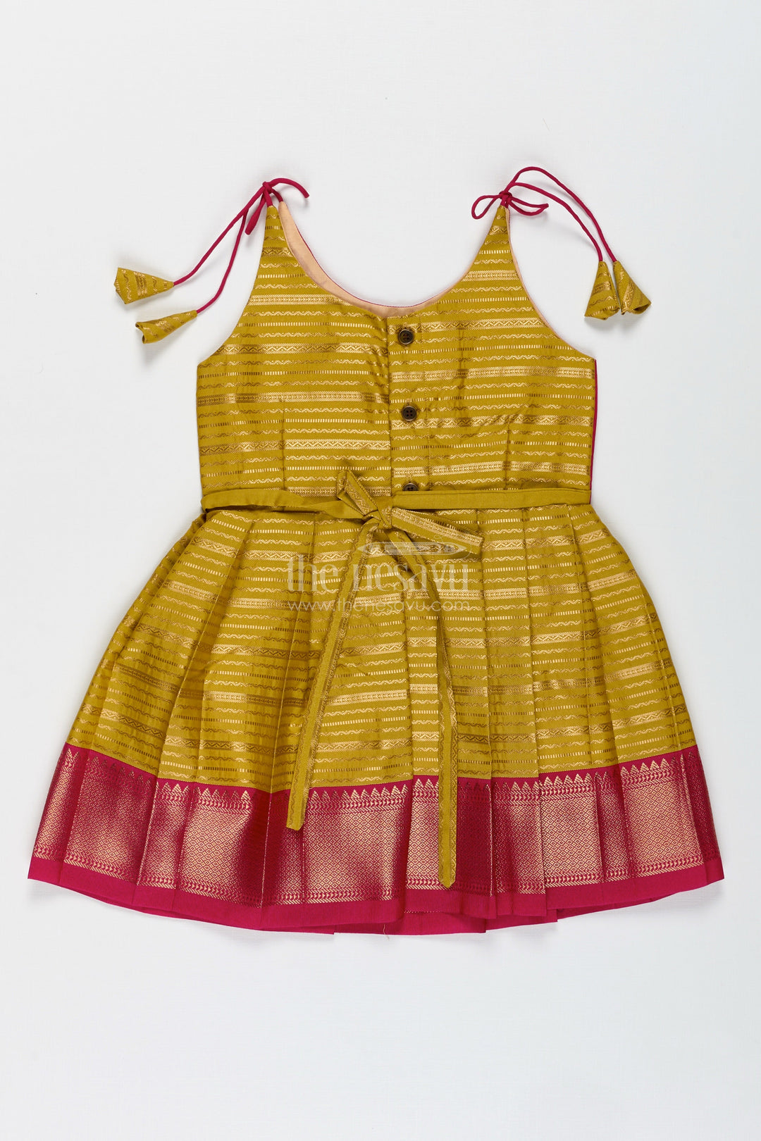 The Nesavu Tie-up Frock Traditional Tie-Up Frock for Baby Girls in Mustard and Pink Perfect for Weddings Nesavu Nesavu Mustard And Pink Baby Girl Silk Frock Ethnic Tie-Up Dress For Weddings