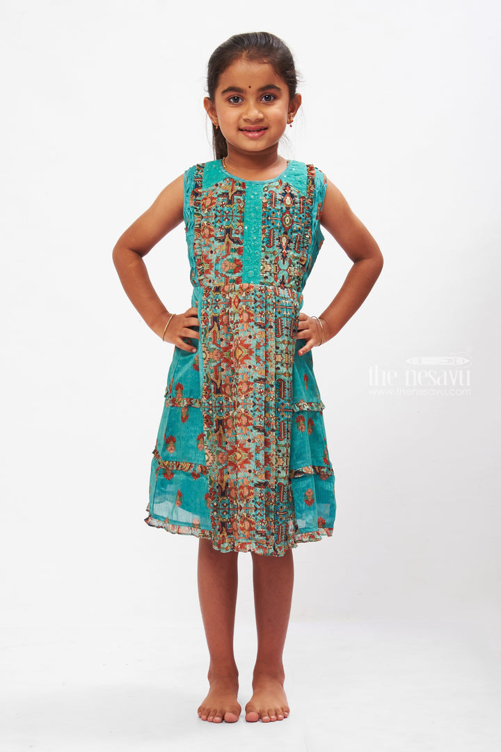 The Nesavu Girls Cotton Frock Traditional Tribal Print Girl's Cotton Dress Nesavu 22 (4Y) / Blue / Cotton GFC1251A-22 Traditional Tribal Cotton Frock for Girls | Comfort & Style | The Nesavu