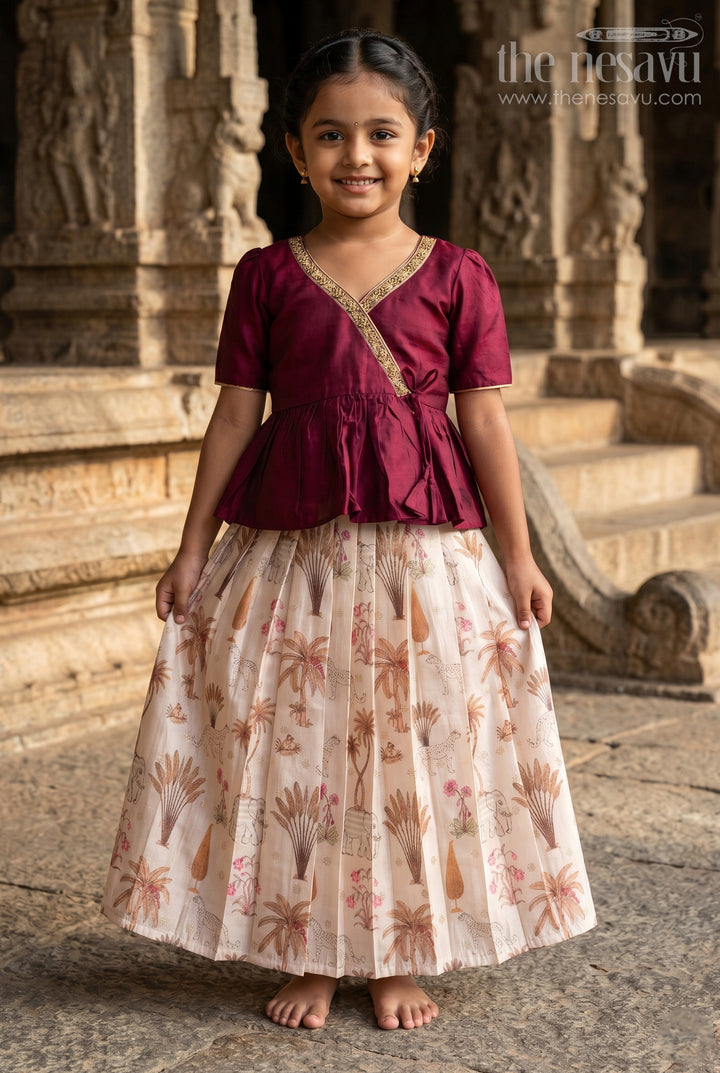 The Nesavu Pattu Pavadai Traditional Wrap-style Baby Pattu Pavadai for Festive Milestones Nesavu 18 (2Y) / Purple / Banarasi GPP363A-18 Nesavu wrap-style baby pattu pavadai with jungle print skirt for traditional festivities