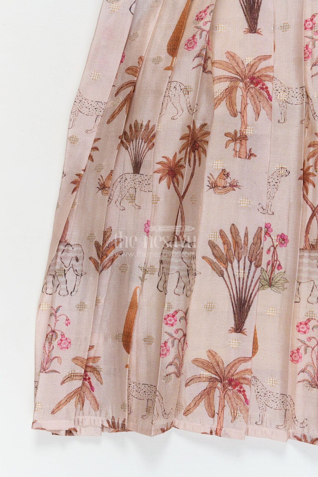 The Nesavu Pattu Pavadai Traditional Wrap-style Baby Pattu Pavadai for Festive Milestones Nesavu Nesavu wrap-style baby pattu pavadai with jungle print skirt for traditional festivities