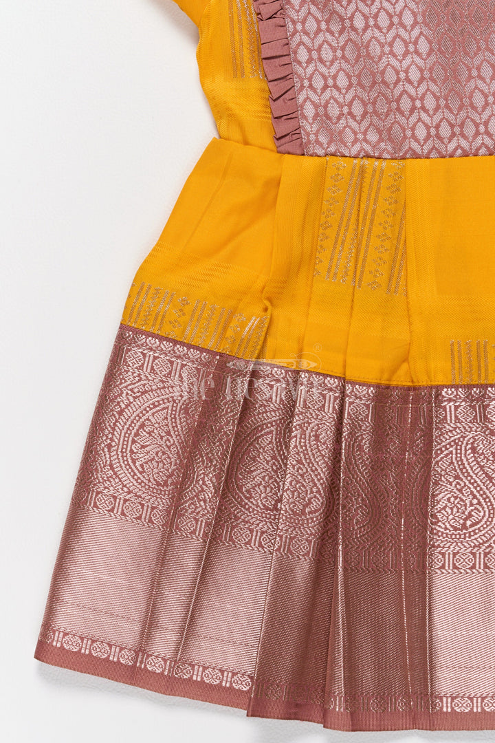 The Nesavu Girls Kanchi Silk Frock Traditional Yellow and Bronze Pattu Long Frock for Girls with Elegant Design Nesavu Nesavus Yellow Bronze Pattu Long Frock Girls Blend Silk Fabric