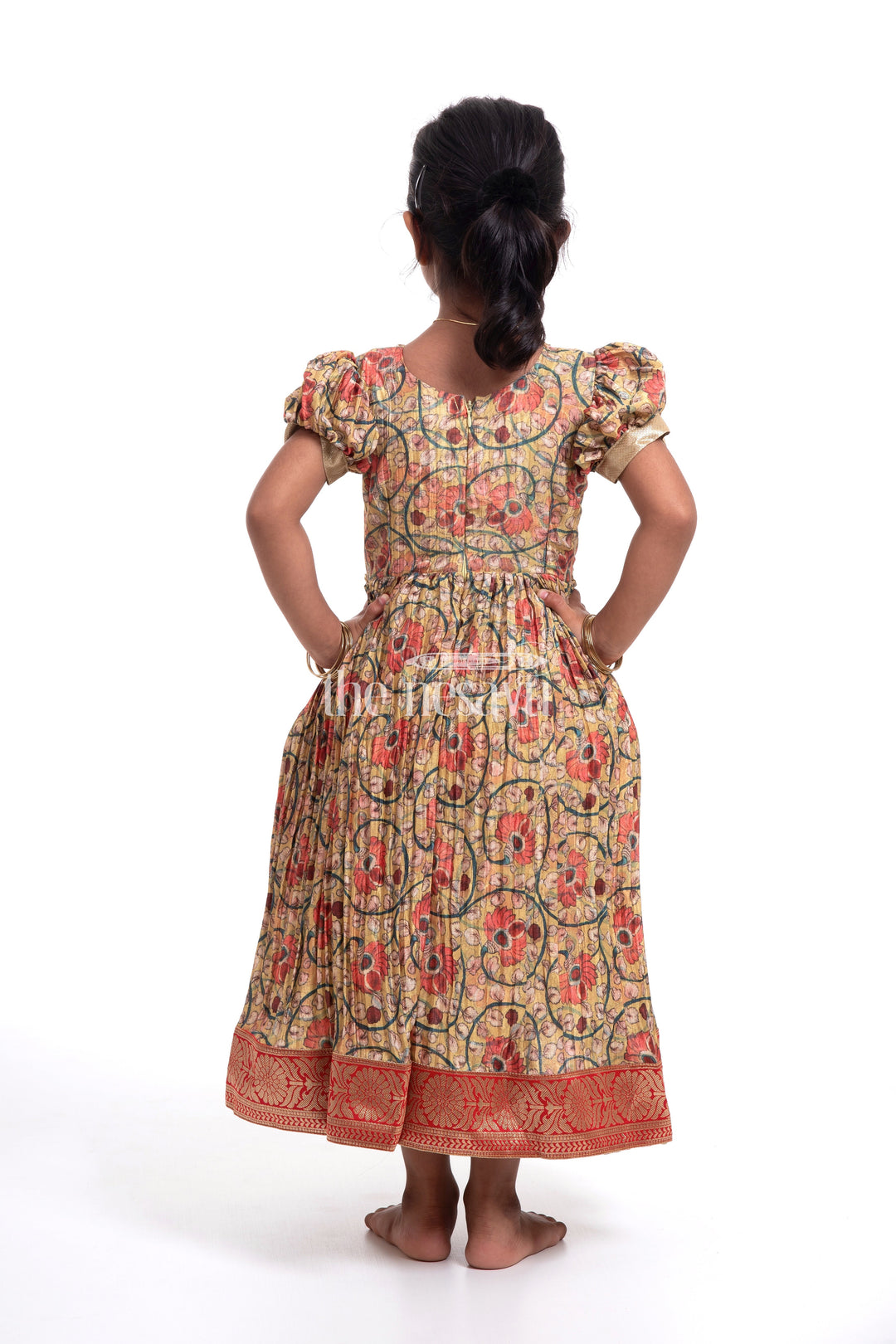 The Nesavu Girls Silk Gown Traditional Yellow Kalamkari Chinon Party Gown for Girls Nesavu Traditional Yellow Kalamkari Chinon Party Gown for Girls - Festive Attire | The Nesavu