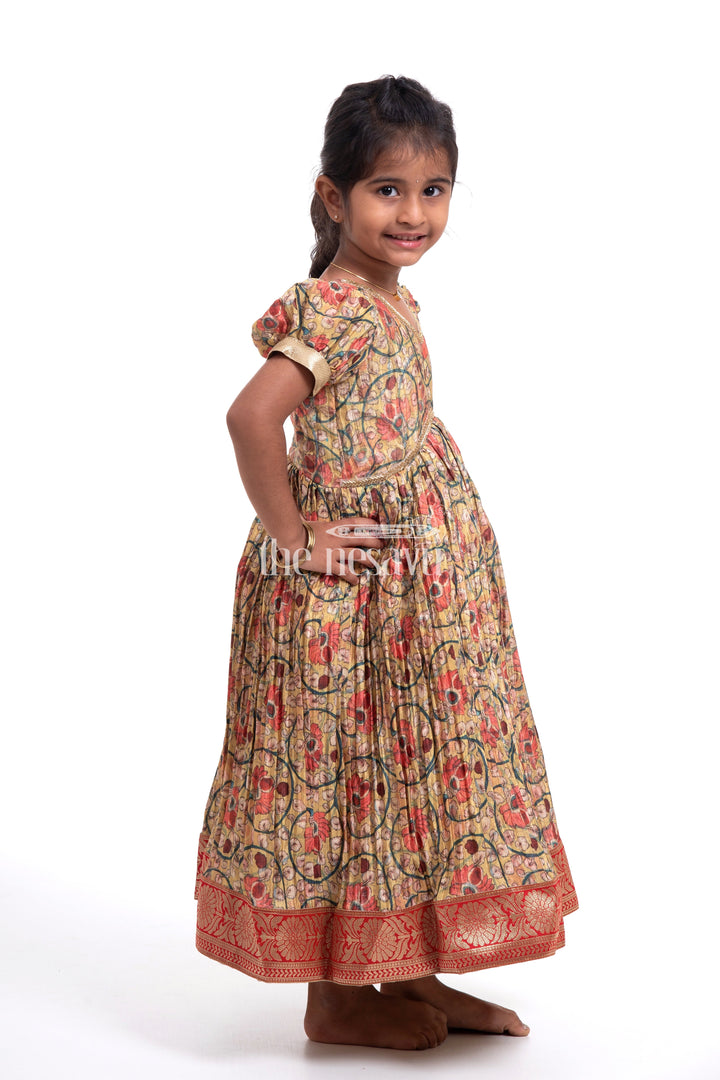 The Nesavu Girls Silk Gown Traditional Yellow Kalamkari Chinon Party Gown for Girls Nesavu Traditional Yellow Kalamkari Chinon Party Gown for Girls - Festive Attire | The Nesavu