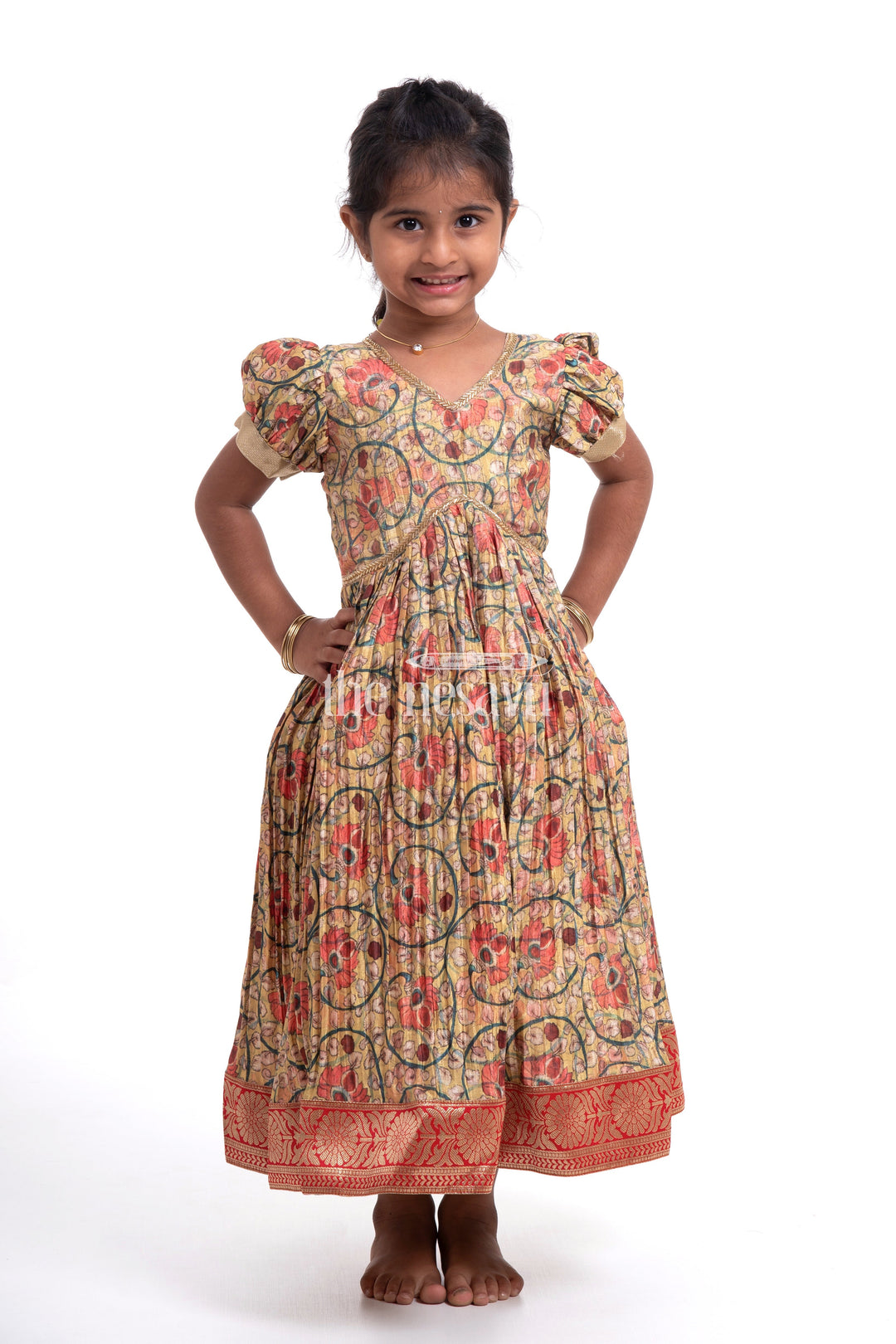 The Nesavu Girls Silk Gown Traditional Yellow Kalamkari Chinon Party Gown for Girls Nesavu Traditional Yellow Kalamkari Chinon Party Gown for Girls - Festive Attire | The Nesavu