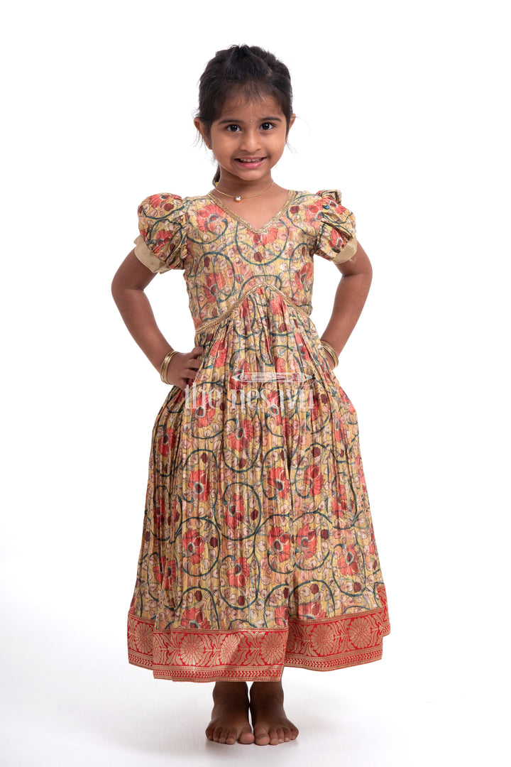 The Nesavu Girls Silk Gown Traditional Yellow Kalamkari Chinon Party Gown for Girls Nesavu Traditional Yellow Kalamkari Chinon Party Gown for Girls - Festive Attire | The Nesavu