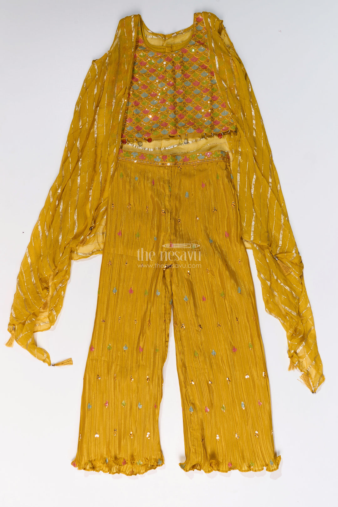 The Nesavu Girls Sharara / Plazo Set Trendy Beautiful Kurti Plazo Set for Girls with Embroidered Georgette and Mirror Work Nesavu 24 (5Y) / Yellow GPS530A-24 Trendy Beautiful Kurti Plazo Set Girls Embroidered Georgette Mirror Work | The Nesavu