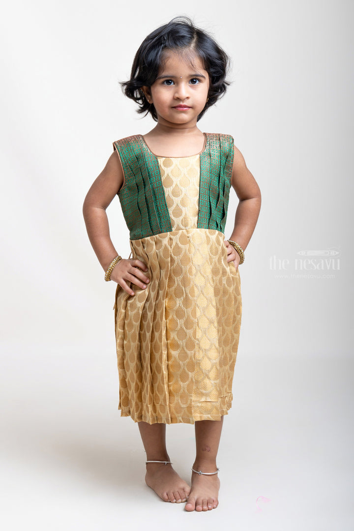 The Nesavu Silk Frock Trendy Beige Pleated Semi-Silk with Green Designer Yoke Frock For Girls Nesavu 16 (1Y) / Beige / Silk Blend SF517I Versatile Silk Frocks for Every Season | Premium Silk Frocks | The Nesavu