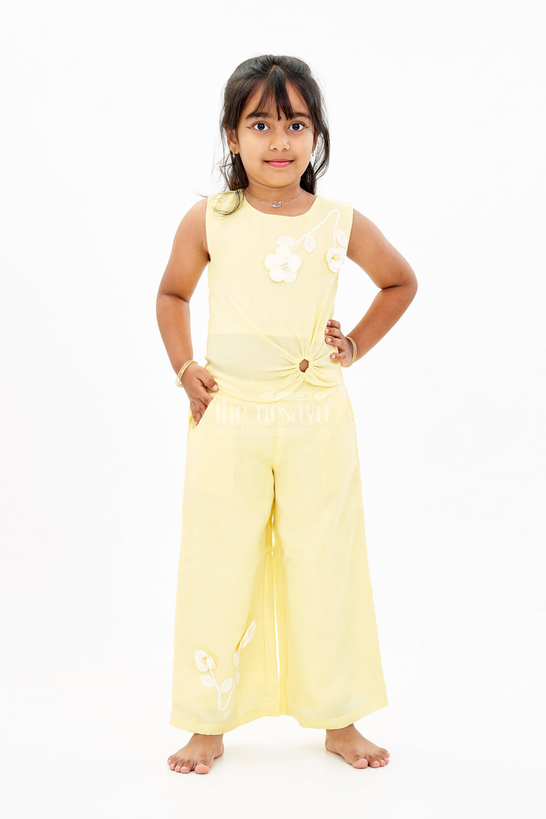 The Nesavu Girls Co-Ord Sets Trendy Casual Summer Outfits for Girls with Floral Embroidery and Wide-Leg Plazo Nesavu 18 (2Y) / Yellow GPS533B-18 Trendy Casual Summer Outfits Girls Floral Embroidery Wide-Leg Plazo | The Nesavu
