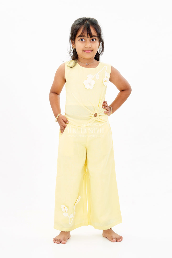 The Nesavu Girls Co-Ord Sets Trendy Casual Summer Outfits for Girls with Floral Embroidery and Wide-Leg Plazo Nesavu 18 (2Y) / Yellow GPS533B-18 Trendy Casual Summer Outfits Girls Floral Embroidery Wide-Leg Plazo | The Nesavu