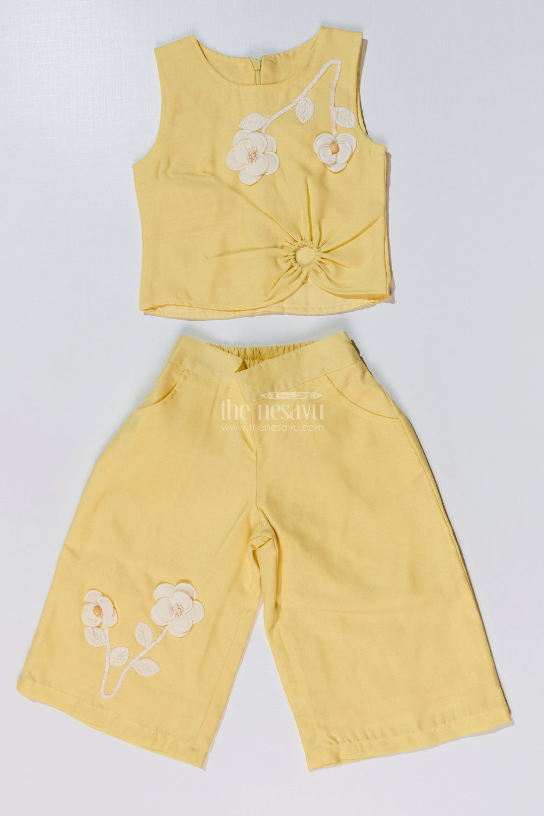 The Nesavu Girls Co-Ord Sets Trendy Casual Summer Outfits for Girls with Floral Embroidery and Wide-Leg Plazo Nesavu Trendy Casual Summer Outfits Girls Floral Embroidery Wide-Leg Plazo | The Nesavu