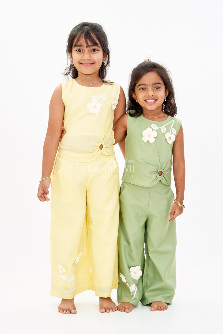 The Nesavu Girls Co-Ord Sets Trendy Casual Summer Outfits for Girls with Floral Embroidery and Wide-Leg Plazo Nesavu Trendy Casual Summer Outfits Girls Floral Embroidery Wide-Leg Plazo | The Nesavu
